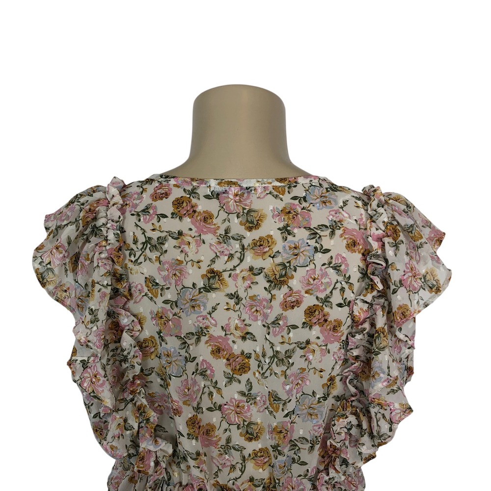 Fashion Nova Floral Print Ruffle Wrap Crop Top Size S Cream V-Neck Coquette Y2K - Picture 6 of 8
